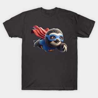 A sloth wearing a superhero cape and mask, flying clumsily through the sky T-Shirt